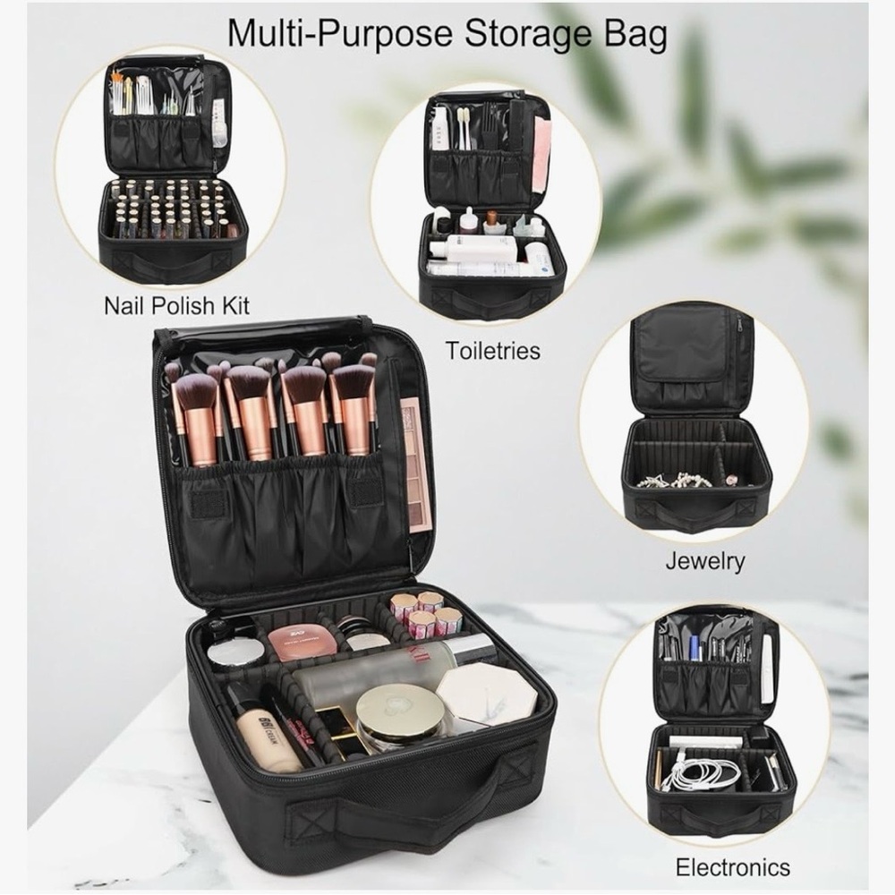 Travel Makeup/Cosmetic Train Case with Adjustable Dividers - Black